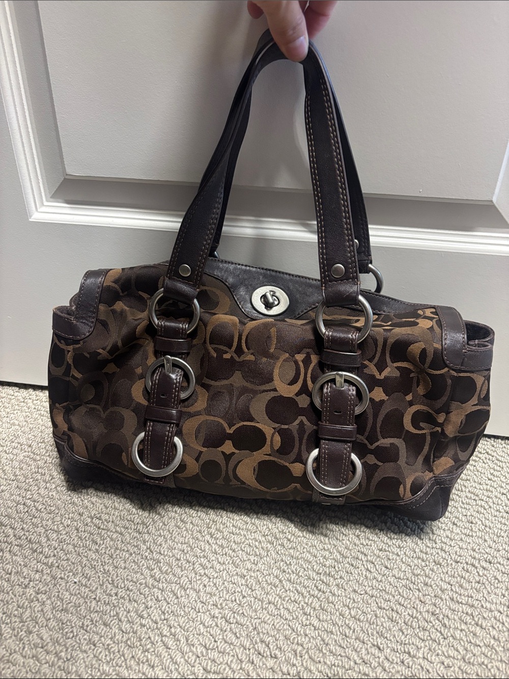 Classic Coach Brown Signature Canvas Shoulder Bag with Dark Leather Trim